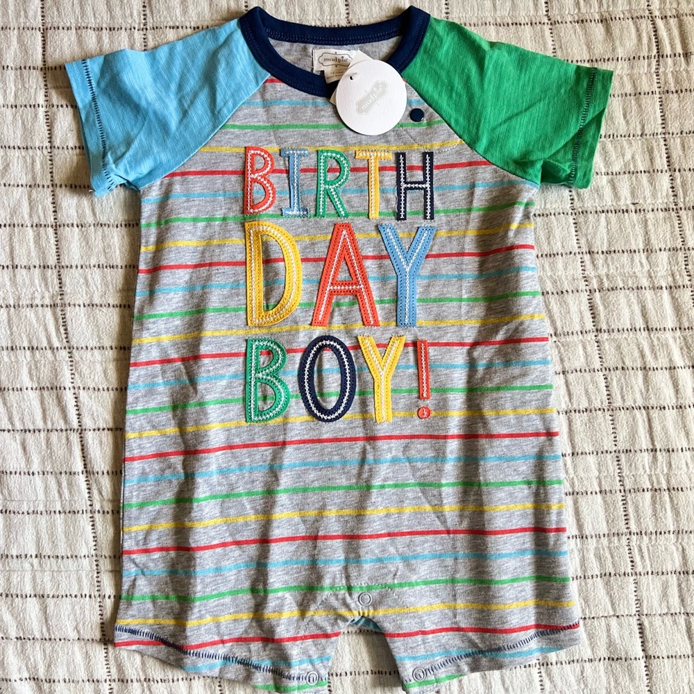 Mud Pie Gray Stripe "BIRTHDAY BOY" Applique One-Piece with Blue & Green Sleeves